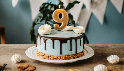 Festive happy birthday cream cake for nine-year-old child, 9 year anniversary celebration Sweet food