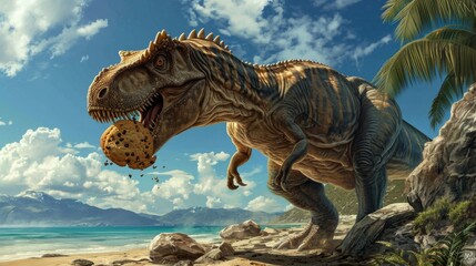 dinosaur eating a chocolate chip cookie, with a beach in the background generative ai