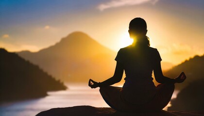 Silhouette of human sitting. Meditation in yoga. Psychology and relax - obrazy, fototapety, plakaty