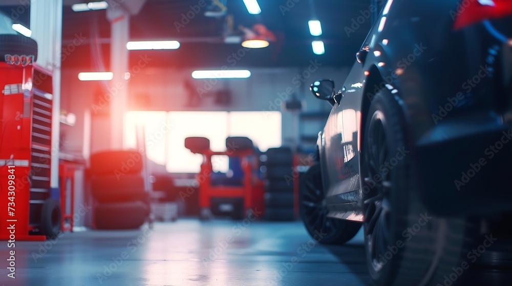 Poster generative ai : car repair station with soft-focus and over light in the background