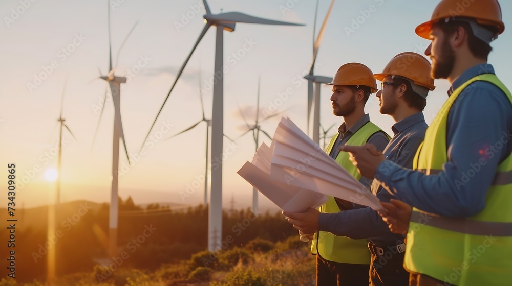 Poster Generative AI : Young engineers looking and checking wind turbines at field