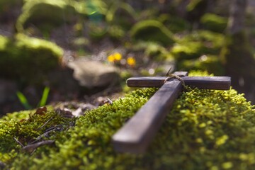 Wooden Cross with flower in fresh spring forest