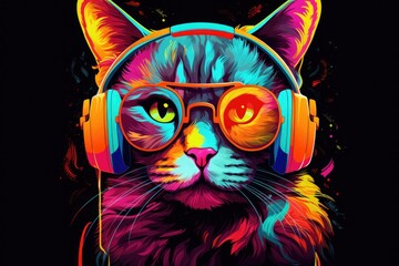 stylish cat in a blue and pink jacket and sunglasses, headphones on a dark background. fashionable pet. brutal kitten - obrazy, fototapety, plakaty