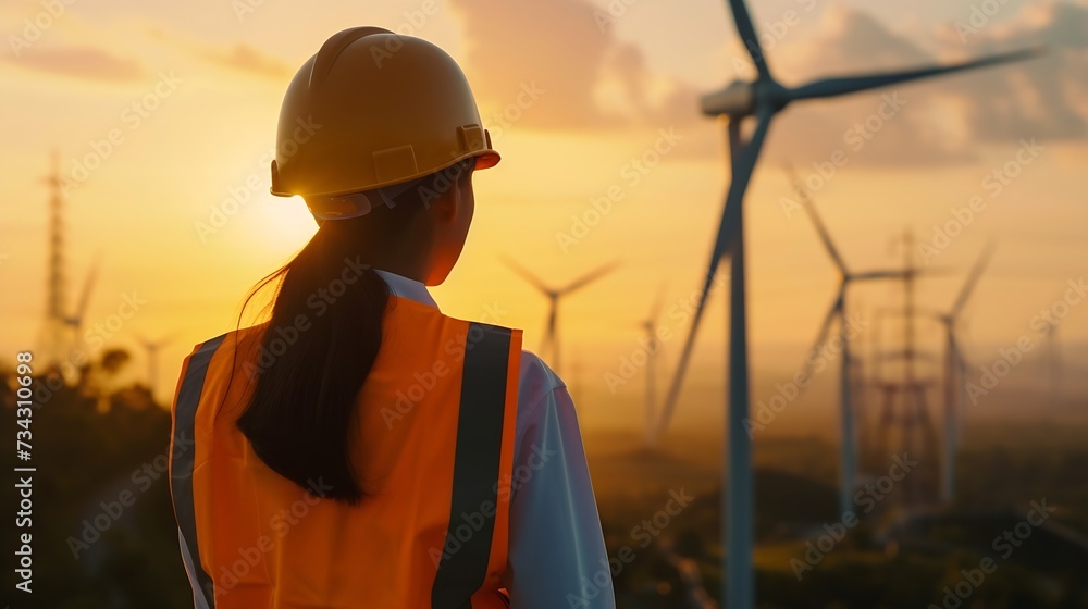 Poster generative ai : back view of woman engineer standing against turbines on wind turbine farm.