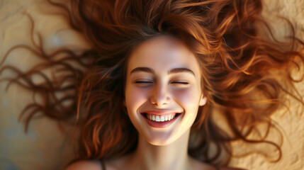 Exuberant young woman with auburn hair spread out, her closed eyes and broad smile exuding happiness and carefree spirit - obrazy, fototapety, plakaty
