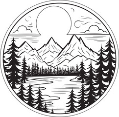 Silhouette Sanctuary Vector Mountain River Design in Black Noir Architectural Vision Black Sketch of Multifloor Building