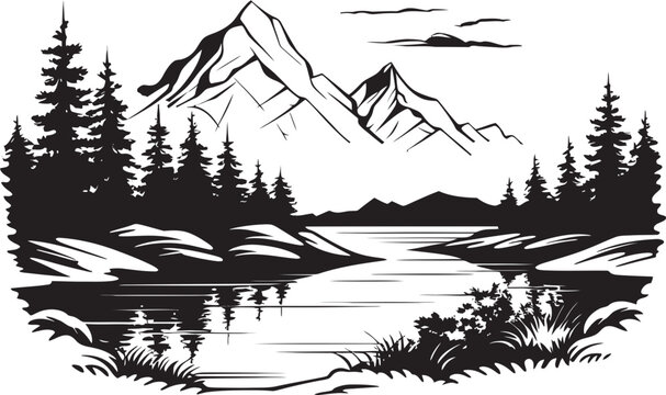 Ebony Escapade Black Mountain River and Tree Design Dusk Domain Vector Mountain River Scene in Black