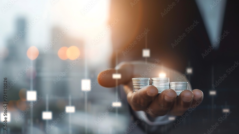Poster generative ai : investment and finance concept, businessman holding virtual trading graph and blurre