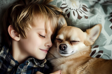 A young boy finds solace and joy as he tenderly cuddles with his Chihuahua dog, creating a beautiful companionship and an unbreakable bond of affection and love - obrazy, fototapety, plakaty