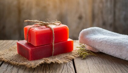 Bright red homemade soap are placed next to a towel on a wooden floor. 