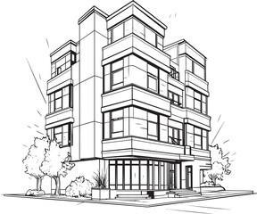 Monochrome Apartment Complex Black Multifloor Building Icon Charcoal Commercial Tower Vector Building Sketch in Noir