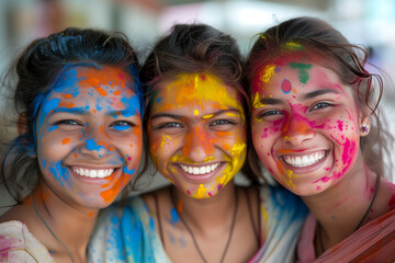 3 friends Joyful with colorful faces celebrating Holi festival of colors