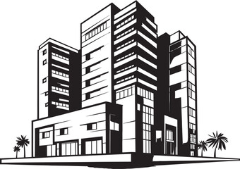 Ebony Commercial Tower Outline Black Multifloor Building Icon Monochrome Office Block Silhouette Vector Building Sketch in Black