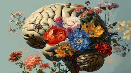 human brain, full of flowers, solid color background, generative ai