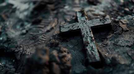 Christian cross and ash as symbol of religion, sacrifice, redemption of Jesus Christ. Ash Wednesday...