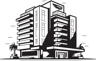 Obraz premium Midnight Corporate Tower Blueprint Black Multifloor Building Sketch Shadowed Mixed Use Sketch Vector Building in Black