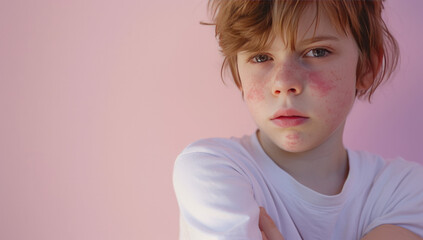 Child with skin rash looking concerned, health care and medical concept