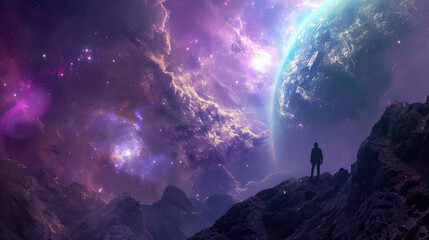 Surreal alien planet landscape, ideal for desktop or virtual meeting backgrounds, featuring an explorer silhouette.