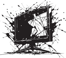 Broken Broadcast Vector Graphic of Smashed TV in Black Shattered Screen Black Element of Broken Television Design