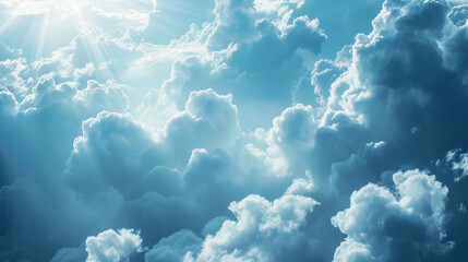 Serene celestial cloudscape with sunbeams, invoking a tranquil heavenly atmosphere. - obrazy, fototapety, plakaty