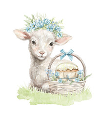 Cute vintage lamb with floral wreath with blue flowers and basket with Easter cake on meadow composition isolated on white background. Watercolor hand drawn illustration sketch © Mimomy