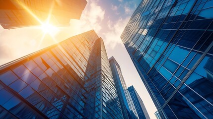 Fototapeta na wymiar Generative AI : Bottom view of modern skyscrapers in business district against blue sky