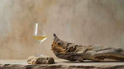 A glass of white wine is placed on a rock, surrounded by driftwood and a tan background.