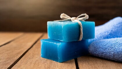 Bright blue homemade soap are placed next to a towel on a wooden floor. 