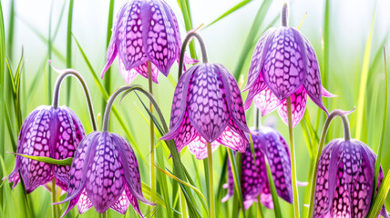Purple and pink checkered Fritillaria Meleagris in a fresh spring setting