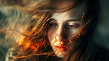 Close-up of a pensive young woman with windswept hair basked in warm sunlight, her gaze lowered in contemplation