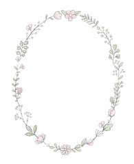 Oval frame with varied simple small pink flowers, plants and leaves isolated on white background. Watercolor hand drawn illustration