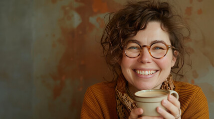 Warm, joyful woman with glasses, holding a mug against an abstract art background, exuding creative and cozy vibes.