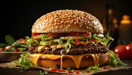 Grilled gourmet burger, fresh meat, tomato, cheese, onion, sesame bun generated by AI