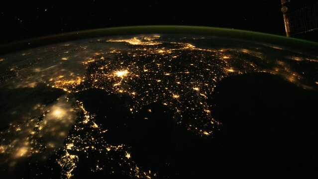 Nocturnal flight over Europe and the Middle East. As seen from the International Space Station. Elements of this image furnished by NASA. Corrected for flickering.