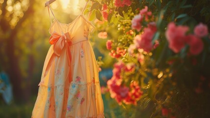 Ethereal Woman in Flowing Floral Dress Amongst Sunlit Wildflowers , vibrant bow tied at the back, swaying gently in a breezy garden