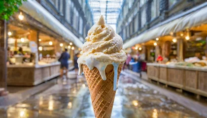 Foto auf Alu-Dibond İce cream shop back ground waffle cone with melting ice cream © adobedesigner