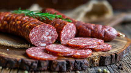 Artisanal smoked sausage on rustic wooden board with herbs. Gourmet food and deli products.
