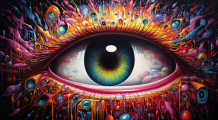 Close up of woman's eye with colorful paint splashes on it. Psychedelic eye. 