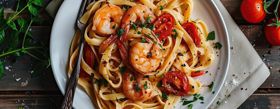 Top view of fettuccine pasta with shrimp, tomatoes, and herbs
