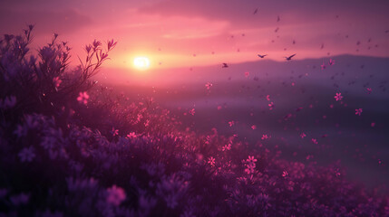 Field with purple flowers under a pink sky, with birds flying and petals drifting in the breeze