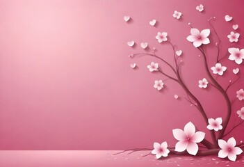  An arrangement of pink and white heart-shaped flowers and petals on branches against a plain pink background