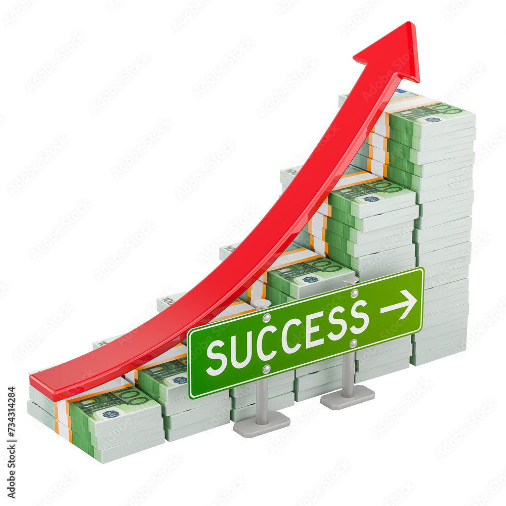 Poster euro packs with red arrow up. success concept, 3d rendering isolated on transparent background