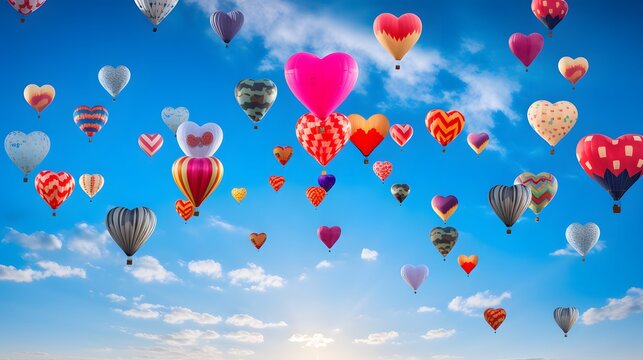 Colorful hot air baloon festival featuring heart-shaped baloons floating in the sky