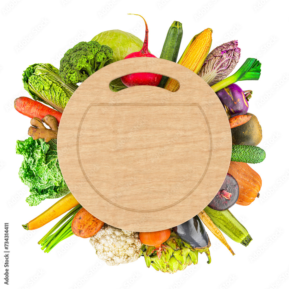 Poster vegetables set with cutting board, 3d rendering isolated on transparent background