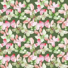 Tender butterflies watercolor seamless pattern. Pink and light green butterflies on a green background. Insects, moths. Spring Summer. For printing on fabric, packaging paper, textiles, cards.