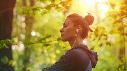 Generative AI : Calm, music and fitness person in nature for mental health, wellness and breathing,...