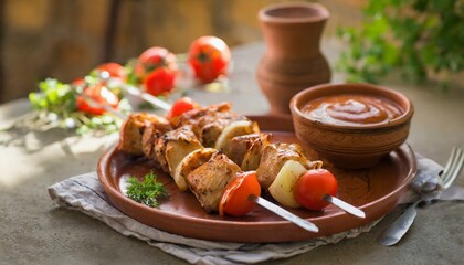 Traditional delicious turkey kebab skewer barbecue meat with tomatoes and sauce on clay dish....