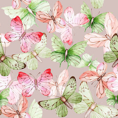 Spring butterflies watercolor seamless pattern. Pink and light green butterflies on a gray background. Insects, moths. Spring, summer. For printing on fabric, wrapping paper, textiles, postcards.