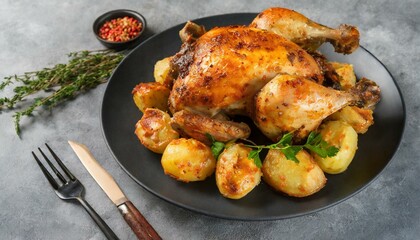 Roasted chicken with potatoes on dark plate. Grey background. Close up. Top view. 
