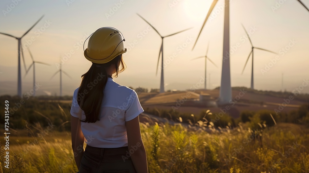 Poster generative ai : back view of woman engineer standing against turbines on wind turbine farm.